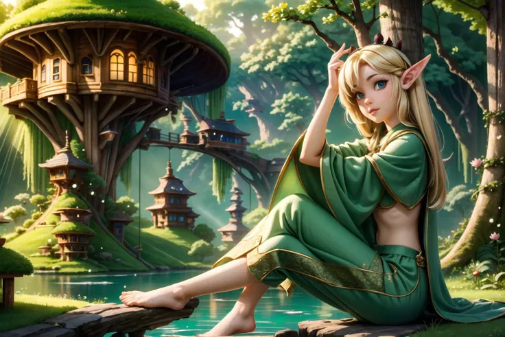 <lora:WoodElf:1> WoodElf, fantasy settlement, high trees, small tree houses, suspended bridges, forest, lake, waterfall, best quality, masterpiece, <lora:more_details:0.65>, 1girl, solo, sitting, lotus position