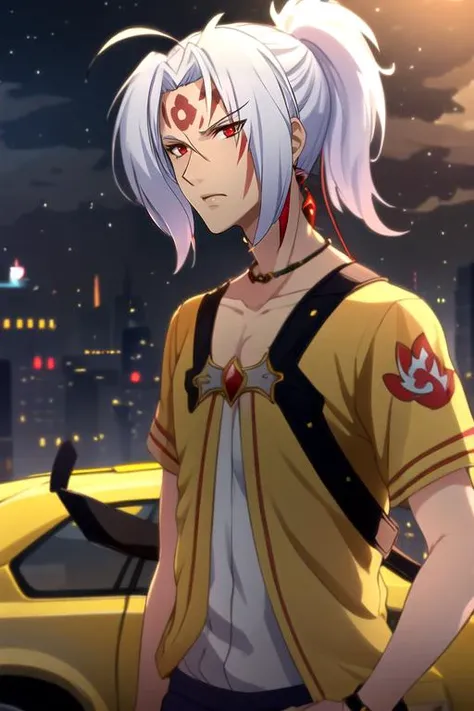 masterpiece, best quality, game cg, 1boy, solo, male focus, looking at viewer, , , , , <lora:kannagi_arata_kangatari:0.96>, kannagi_arata_kangatari, kannagi_arata_kangatari, white hair, red eyes, ponytail, facial mark, forehead mark, taxi driver costume, f...