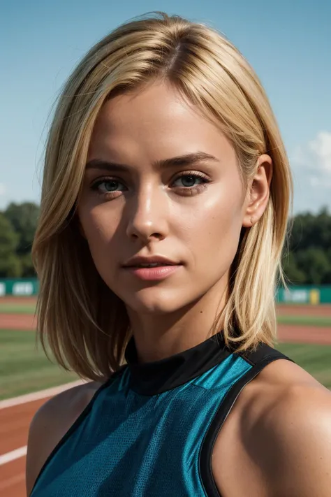 beautiful blonde hair Wild-Cats-Island_Naby, in track outfit, outside on track field, ((slim, petite)), photorealistic, photo, masterpiece, realistic, realism, photorealism, high contrast, photorealistic digital art trending on Artstation 8k HD high defini...