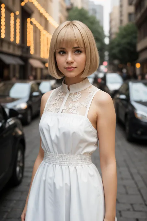 lifestyle photo of a blonde hair Wild-Cats-Island_Naby, with Bowl cut with bangs hair, wearing Smocked dress, standing straight to the camera, (upper body shot:1.3), An interactive augmented reality architecture tour, allowing visitors to experience archit...