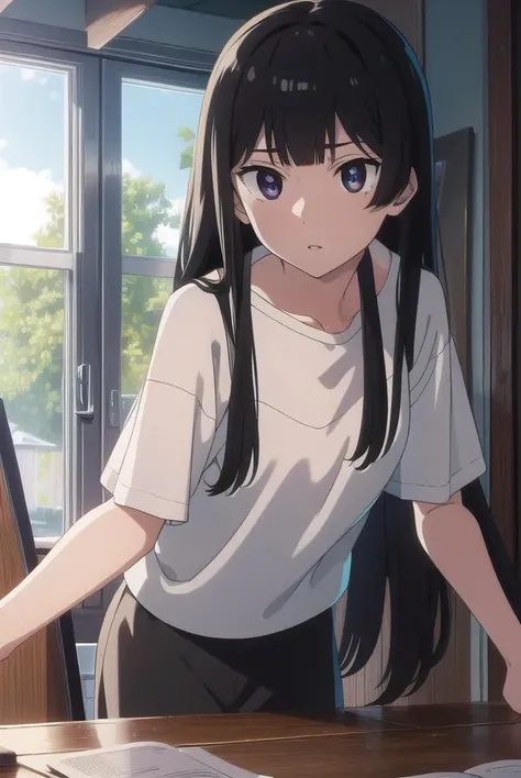 anzuhanashiro, <lyco:anzuhanashiro-lyco-nochekaiser:1>, 
anzu hanashiro, long hair, bangs, black hair, sidelocks, blunt bangs, (black eyes:1.5),
BREAK shirt, white shirt, short sleeves, shorts,
BREAK looking at viewer,
BREAK indoors,
BREAK <lora:GoodHands-...