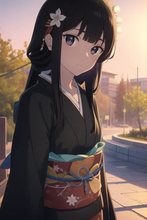 anzuhanashiro, <lyco:anzuhanashiro-lyco-nochekaiser:1>, 
anzu hanashiro, long hair, bangs, black hair, sidelocks, blunt bangs, (black eyes:1.5),
BREAK hair ornament, flower, japanese clothes, kimono, sash, obi, yukata,
BREAK looking at viewer,
BREAK outdoo...