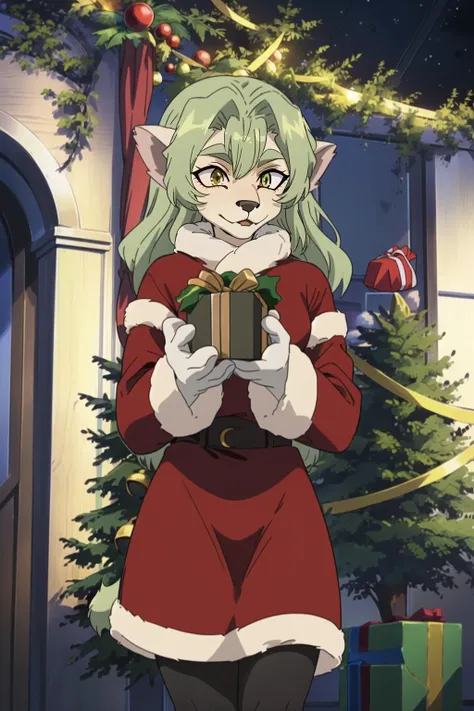 SDElmaGXP, 1girl, (anthro furry:1.4), green hair, tan fur, christmas sweater, skirt, christmas tree, gifts, mistletoe, (masterpiece:1.2), best quality, crisp, clear, <lora:GoodHands-beta2_Envy:1>, <lora:Elma-v1:0.9>