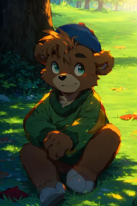 there is a cartoon bear sitting in the grass with a hat on