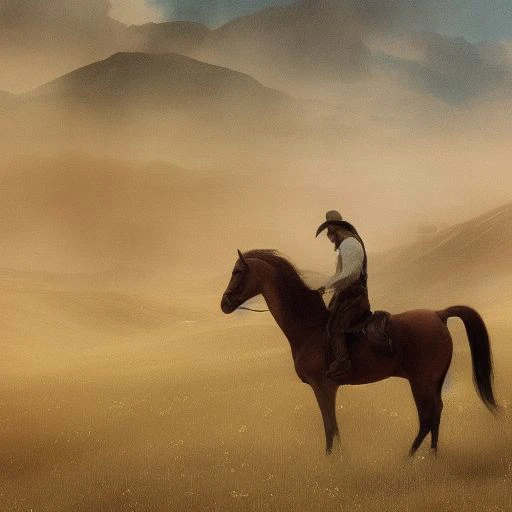 there is a man riding a horse in a field with mountains in the background