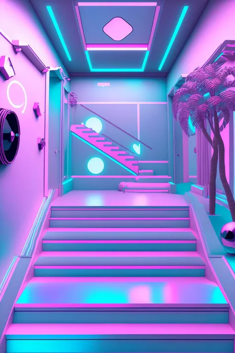 a room with a staircase and a disco ball , vaporwave, c4d , unreal engine 5 ,