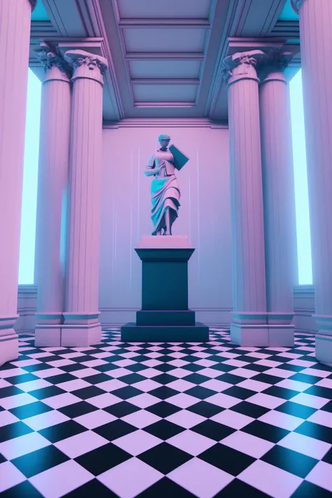 a room with a statue and a checkered floor , vaporwave, c4d , unreal engine 5 ,