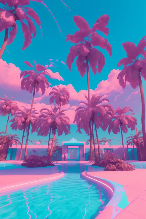 a pink and blue sunset with palm trees , vaporwave, c4d , unreal engine 5 ,