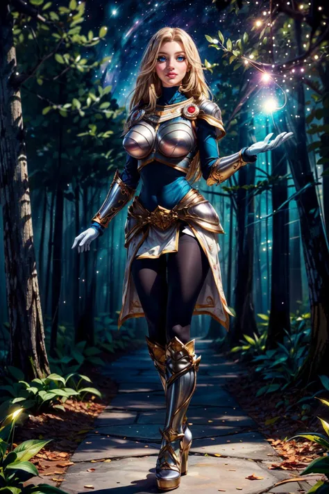 a woman in armor and a sword standing in the woods