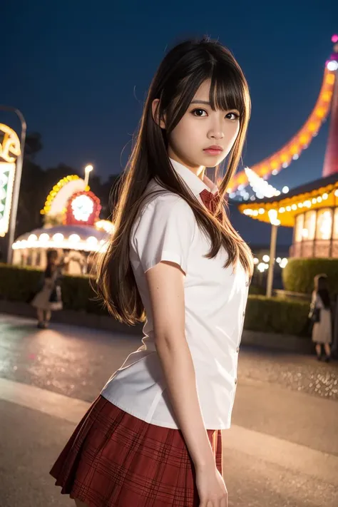 photorealistic, long_hair, realistic, solo, photorealistic, best quality, ultra high res,1girl, YuraS, school uniform, JK uniform, plaid skirt, outdoor, amusement park, colorful, parted lips, [long hair], ponytail, cute headband, amusement park rides and a...