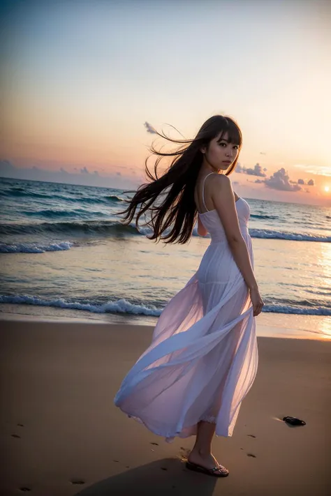 1girl, solo, YuraS, fair skin, photography of a beautiful Japanese girl, 8k, ultra high res, ultra detailed, best quality, looking at viewer, parted lips, half length, dress, beach, [long hair], outdoors, ocean, cloud,   white dress, [long dress], perfect ...