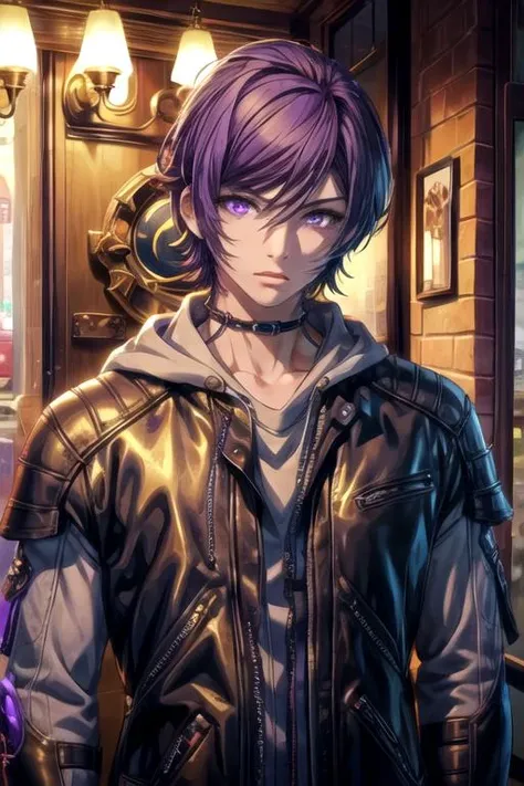 masterpiece, best quality, game cg, 1boy, solo, male focus, looking at viewer, upper body, depth of field, <lora:courier_akudama_drive:0.68>, courier_akudama_drive, purple hair, purple eyes, teddy bear costume, islamic golden age,