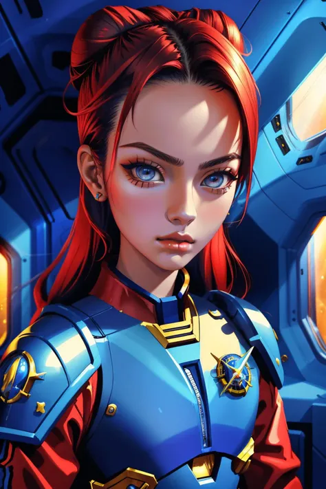 masterpiece,best quality,dslr photo,a photo of k1k1,as a space marine,red hair,twin bun hair,blue ribbons in hair,<lora:k1k1_W_lora_v002-000003:0.7>,cowboy shot,spaceship background,cinematic lighting,volumetric lights