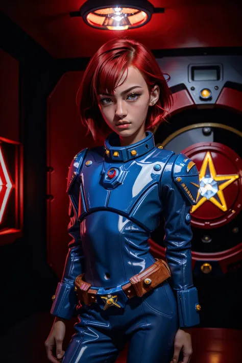 masterpiece,best quality,dslr photo,a photo of k1k1,as a space marine,red hair,short hair,<lora:k1k1_W_lora_v002-000003:0.7>,cowboy shot,spaceship background,cinematic lighting,volumetric lights