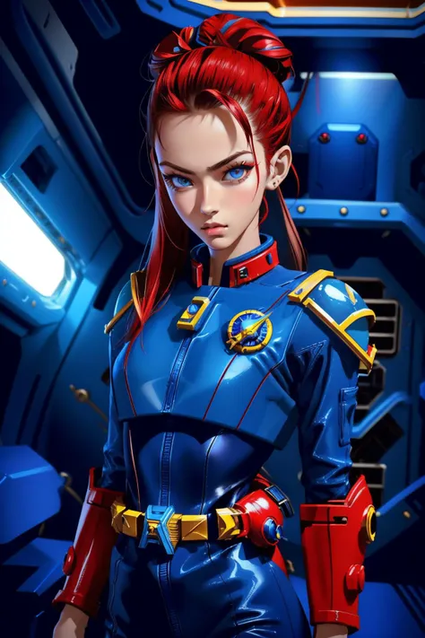 masterpiece,best quality,dslr photo,a photo of k1k1,as a space marine,red hair,twin bun hair,blue ribbons in hair,<lora:k1k1_W_lora_v002-000003:0.7>,cowboy shot,spaceship background,cinematic lighting,volumetric lights