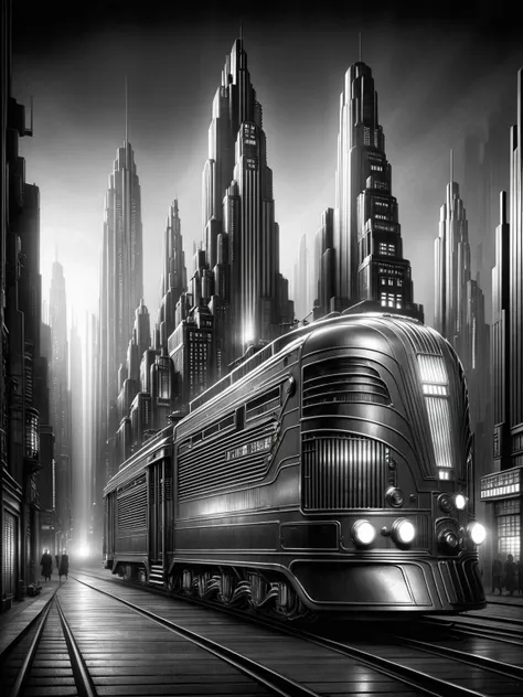 dieselpunk heavy tram in the street ,buildings, Mega-City  ultra detailed, sharp, hyper realistic, cinematic lighting, dark magic, texture detail, photography, photorealistic , dark theme, silhouette, style by hugh ferris 
<lora:Netropolis_Movie_Style_SDXL...