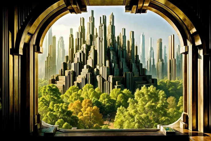 a view of a city from a window with a view of a forest