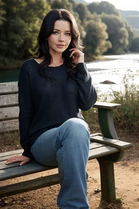 Catherine Zeta-Jones ((Wearing a sweater and distressed jeans)), ((Professional Photo Shoot)), ((out in the country next to a river)), ((sitting on a bench next to a river)), model shoot style, extremely intricate, High Detail, Sharp focus, dramatic, soft ...