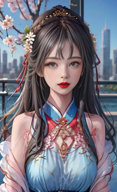masterpiece, best quality,(1girl:1.5),,(Delicate face:1.2),blurry, blurry_foreground, depth_of_field, blurry_background, 1girl, branch, flower, solo, long_hair, upper_body, looking_at_viewer, red_lips, bangs, spring_(season), lips, tree, motion_blur, hair_ornament, ribbon, breasts,(city background:1.5) <lora:yifuEnd2:0.85>,white yifu