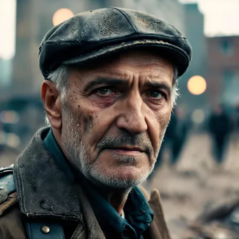 sad old man in a post apocalyptic destroyed city after nuclear blast, newdawn, closeup, high quality photography, 3 point lighting, flash with softbox, 4k, Canon EOS R3, hdr, smooth, sharp focus, high resolution, award winning photo, 80mm, f2.8, bokeh , de...