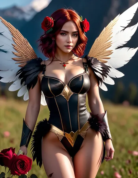 (((Dark fairy with corupted broken black wings))),(clouds),(two-tone dark red hair),(bobcut),solo focus,(depth of field, ambient lighting, blurry foreground, blurry background:1.3),(mountain peak:1.3),red roses,grass,stones,(full body:1.2),pointed ears,pos...