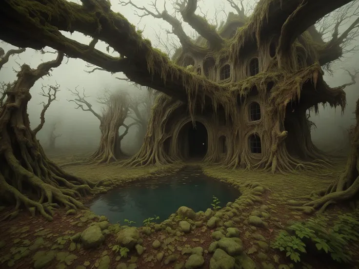 colorful, whimsical, A dark, eerie landscape that exudes an air of creepy foreboding. The setting is a dilapidated animal den, littered with the remains of long-dead creatures and overgrown with twisted, thorny vines. The walls of the den are constructed f...