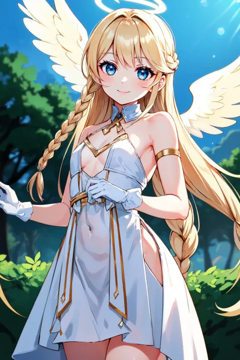 (masterpiece, best quality, high quality, highres:1.2), ultra high res, absurdres, sharp focus, detailed,
standing, mid shot,
1girl, e7 aol, blonde hair, long hair, long braid, small breasts, flat chest, blue eyes, white summer dress, white gloves, angel w...