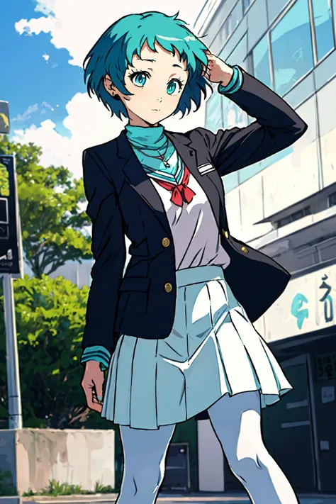 anime character in uniform walking down a street with a blue hair