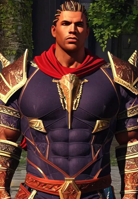 a man, <lora:Redguard-Male:0.8>, Redguard-Male, 1man, solo, upper body, shoulder armor, red cape,, Heroic, muscular, strong, ripped, chiseled, Adonis-like, powerful, sculpted, Inverted triangle body shape, (masterpiece, best quality, absurdres, detailed, u...