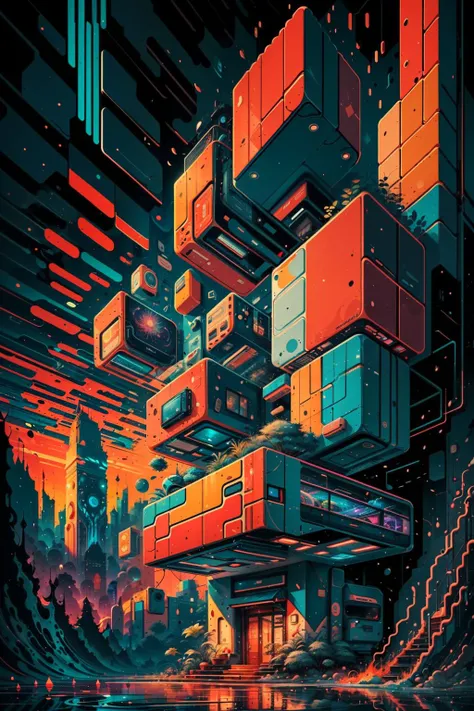 a poster of a futuristic city with a lot of cubes