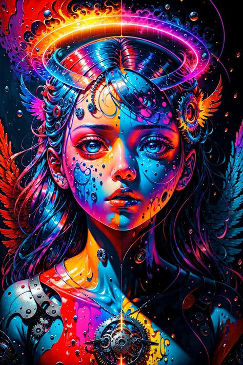 (AS-Young:0.4), (realistic:1.2), (detailed:1.5), (Acrylic) detailed background, 1girl, (mechanical halo:1.2), (mechanical wings1.2), (high contrast), (lighting:1.5), (surreal:1.6), (dynamic:1.4), eerie, twisted, disturbing, (colorful:1.6), lasers, explosio...