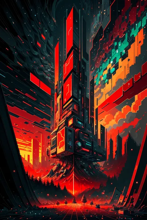 a futuristic city with a futuristic sky and a red light