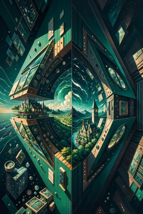 a painting of a futuristic city with a large green structure