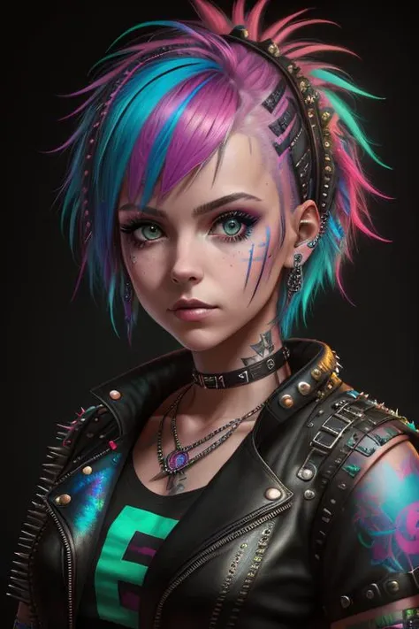 a woman with colorful hair and piercings wearing a leather jacket