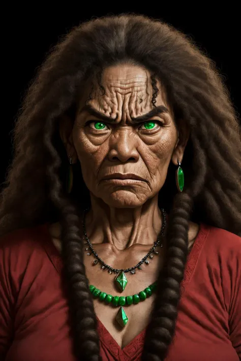 close-up photo portrait of a 60 yo samoan woman, black long curly hair, green eyes, angry face expression, chest red huge gem, necklace, chieftain, traditional, simple background