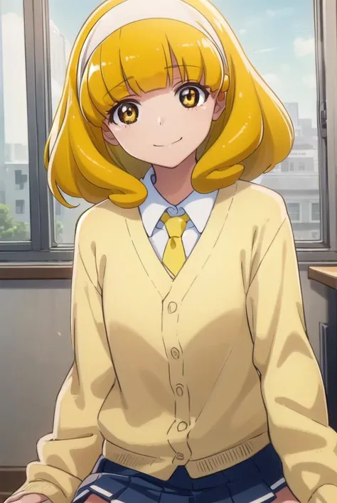 yayoikise, <lora:yayoi kise s1-lora-nochekaiser:1>,
yayoi kise, short hair, blonde hair, (yellow eyes:1.3), hairband, white hairband, smile,
BREAK skirt, school uniform, socks, cardigan, nanairogaoka middle school uniform, yellow cardigan, pleated skirt, b...