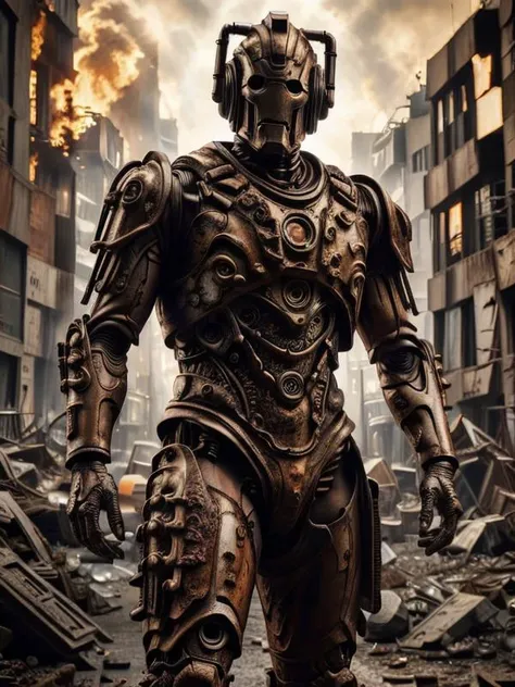 a man in a suit of metal standing in a destroyed city