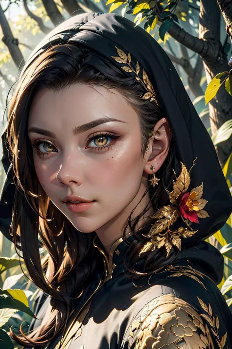 a beautiful enchanting woman elf (<lora:nataliedormer-000008:0.8> nataliedormer) posing in the woods, detailed long flowing black hair (<lora:glass_hair:0.6>), woman, soft cloth, detailed embroidery, silk outfit and hood (style-paintmagic), perfect skin, h...