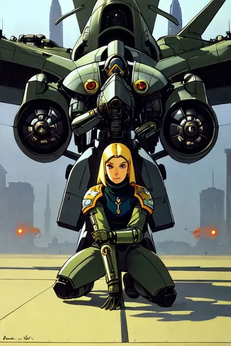 female cyborg pilot, futuristic aircraft, sleek technology
beautiful, mechanical prosthetic arms,
 turtle neck,
Kneeling in prayer in front of big intricate aircraft in background, insanely detailed art style of warhammer 40k, by Moebius, Frank Frazetta