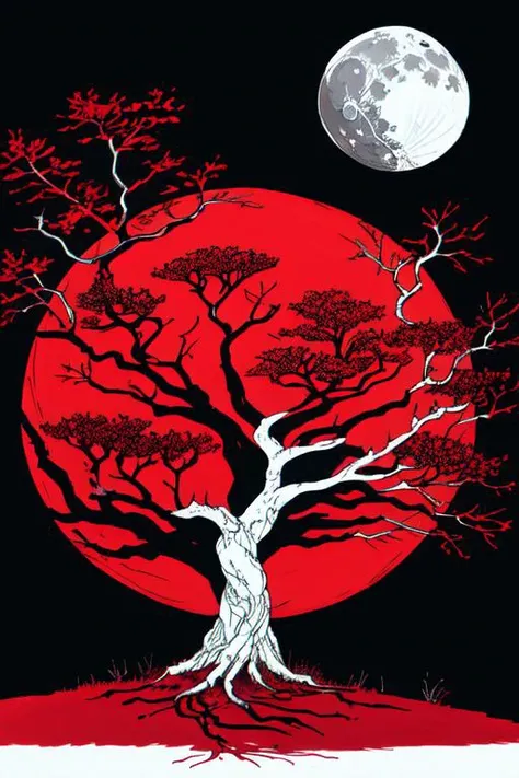 high details ,masterpiece
a tree, saturated colors, limited palette, 3 colors, ink, black white and red, black sky, red moon, white tree,