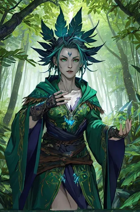 Female Mage wearing Dark Steel Gauntlets with Enchanted Runes and Cobalt Edges , Verdant Green Druid Robe with Leaf Patterns: Leaf patterns and nature-inspired designs adorn the robe, connecting the wearer to the earth, in the forest,
upper body,
impasto b...