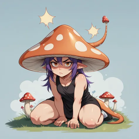 score_7, score_5, kawaii,   a mushroom girl sits indian_style, pouting, angry,