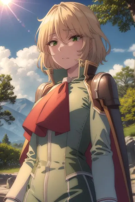 healerblade, <lora:healer blade s1-lora-nochekaiser:1>,
blade, blonde hair, (green eyes:1.5), short hair, hair between eyes,
BREAK long sleeves, pants, cape, uniform, military, ascot, white pants,
BREAK outdoors, forest, nature, trees, grass, sun, sky, clo...