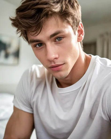 a close up of a young man with a white shirt on