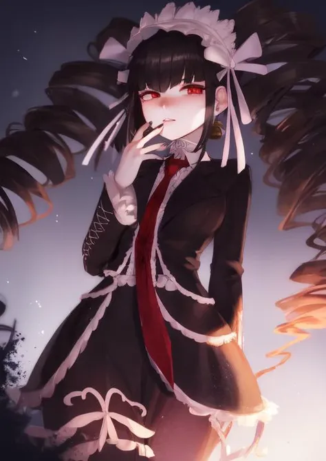 (masterpiece, best quality:1.2), extremely detailed, soft ambient lighting, sharp focus, 4K, BREAK <lora:zCelestiaDG:1>, celestiadg, 1girl, solo, red necktie, claw ring, white shirt, jewelry, black jacket, frills, bonnet, black nails, black hair, black twi...