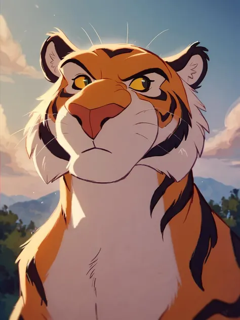 a close up of a tiger sitting on top of a lush green field