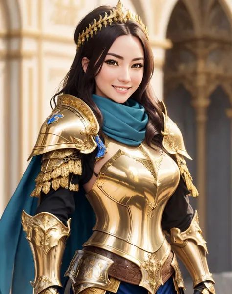 Masterpiece, absurdres, fine detail, HDR,highly detailed armor with gold plating, shiny armor, photorealistic,smiling, excited,<lora:PLD_amor:0.75>,PLD_armor, a beautiful topd_woman knight in armor, wearing PLD_armor, blue scarf,  <lora:topd1:0.5>, perfect...