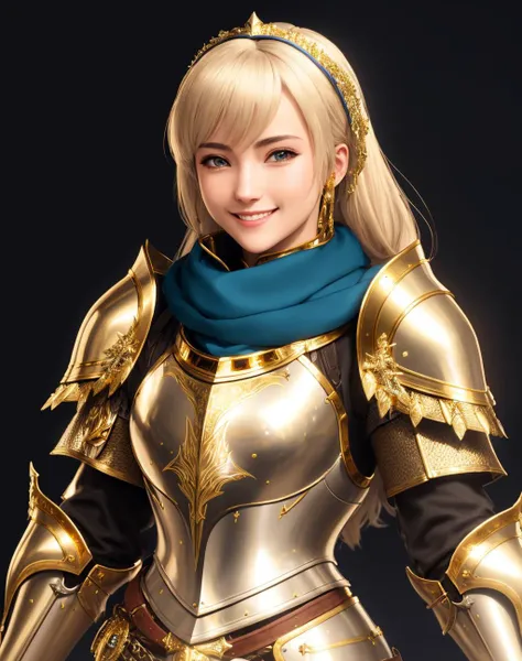 Masterpiece, absurdres, fine detail, HDR,highly detailed armor with gold plating, shiny armor, photorealistic,smiling, excited,<lora:PLD_amor:0.75>,PLD_armor, a female knight in armor, wearing PLD_armor, blue scarf