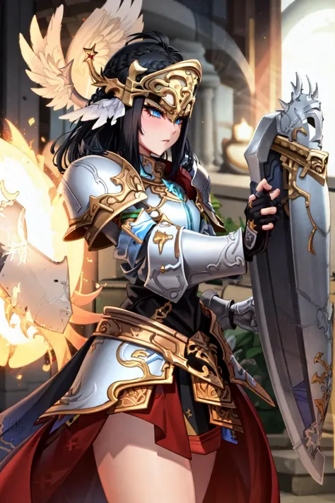 (masterpiece:1.2), (best quality:1.2), perfect eyes, perfect face, perfect lighting, 1girl, mature female paladin raishing a shield in a dark crypt, short black hair, crown braid, paladin_glam, white and gold armor, pauldron, fingerless gauntlets, pelvic c...