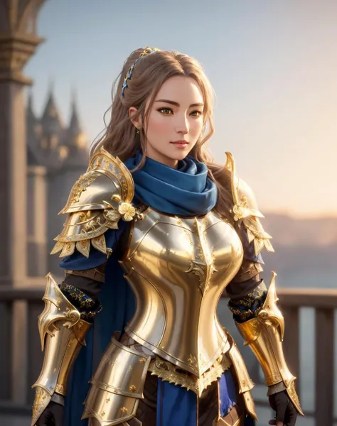 Masterpiece, absurdres, fine detail, HDR,highly detailed armor with gold plating, shiny armor, photorealistic, excited,<lora:PLD_amor:0.75>,PLD_armor, a beautiful topd_woman knight in armor, wearing PLD_armor, blue scarf,  <lora:topd1:0.5>, perfect topd_bo...